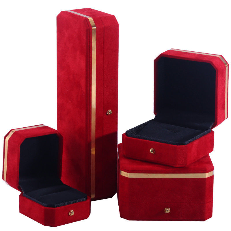 Scatola portagioie fatta a mano OEM ODM con logo personalizzato, scatola portagioie in velluto rosso con bordo dorato