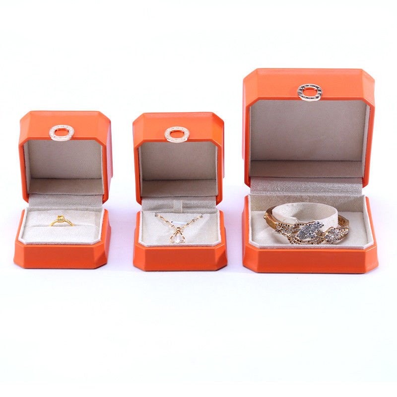Scatola di imballaggio per gioielli in cuoio PU arancione quadrato per bracciale a collana e anello di nozze