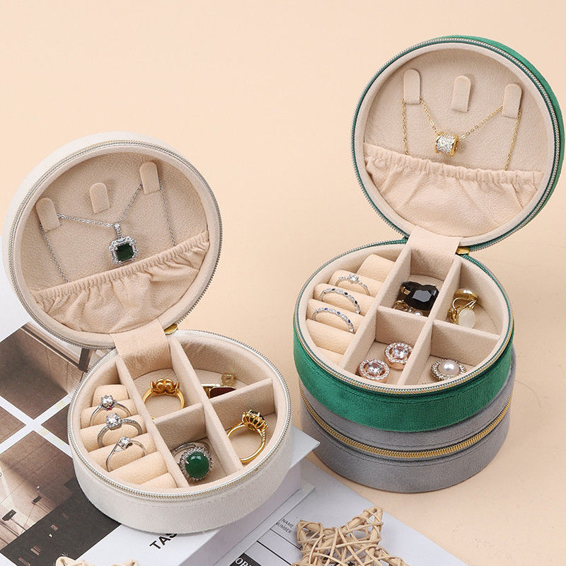 Scatola di deposito di gioielli di velluto morbido a forma rotonda organizzatore borsa a cerniera per viaggi