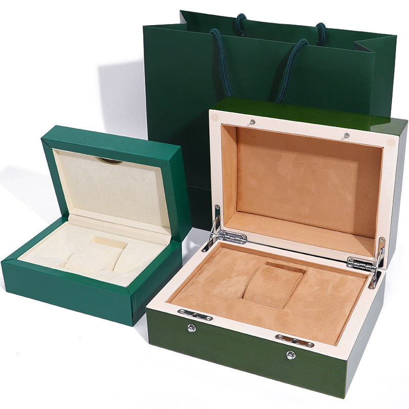 Scatola di orologio in legno verde di fascia alta per l' imballaggio regalo di lusso con borsa a torcia ribaltata