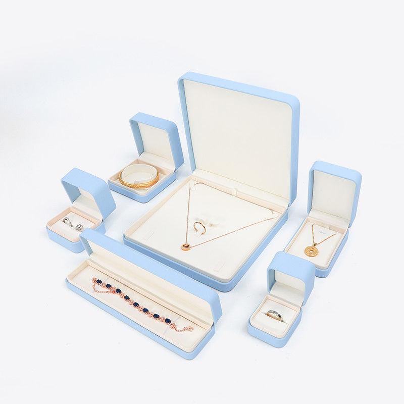 Scatola portagioie in pelle blu chiaro per set di gioielli grandi, collana, bracciale, orecchini, anello, confezione